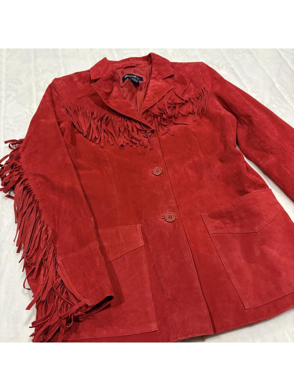 Denim & Co. Women's XS Red Leather Fringe Jacket Suede Stylish Outerwear - Picture 2 of 7